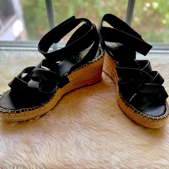Franco Sarto Carmena Black Ankle Strap Espadrille Wedges with Gold Hardware - Picture 1 of 6